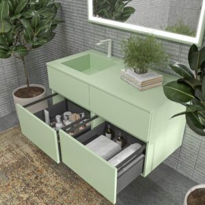 Mueble de baño DUNE suspendido 4 cajones con encimera SOLID SURFACE 2 senos Verde blanquecino