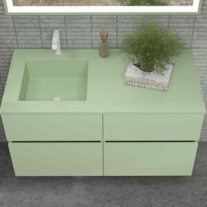 Mueble de baño DUNE suspendido 4 cajones con encimera SOLID SURFACE 2 senos Verde blanquecino