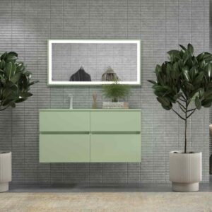 Mueble de baño DUNE suspendido 4 cajones con encimera SOLID SURFACE 2 senos Verde blanquecino