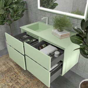 Mueble de baño DUNE suspendido 4 cajones con encimera SOLID SURFACE 2 senos Verde blanquecino