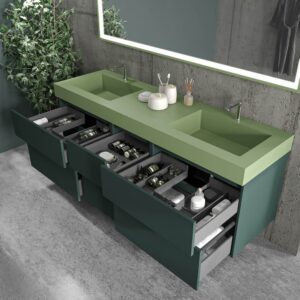 Mueble de baño suspendido DUNE 6 cajones con encimera SOLID SURFACE 2 senos Verde Negro