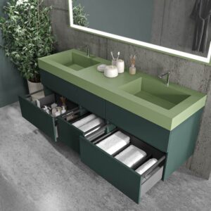 Mueble de baño suspendido DUNE 6 cajones con encimera SOLID SURFACE 2 senos Verde Negro