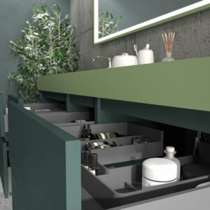 Mueble de baño suspendido DUNE 6 cajones con encimera SOLID SURFACE 2 senos Verde Negro