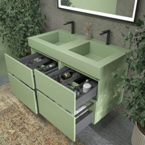 Mueble de baño DUNE suspendido 4 cajones con encimera SOLID SURFACE 2 senos Verde Pálido