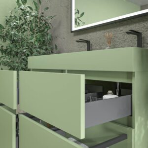 Mueble de baño DUNE suspendido 4 cajones con encimera SOLID SURFACE 2 senos Verde Pálido