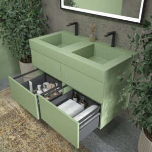 Mueble de baño DUNE suspendido 4 cajones con encimera SOLID SURFACE 2 senos Verde Pálido