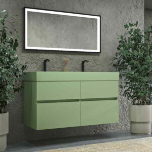 Mueble de baño DUNE suspendido 4 cajones con encimera SOLID SURFACE 2 senos Verde Pálido