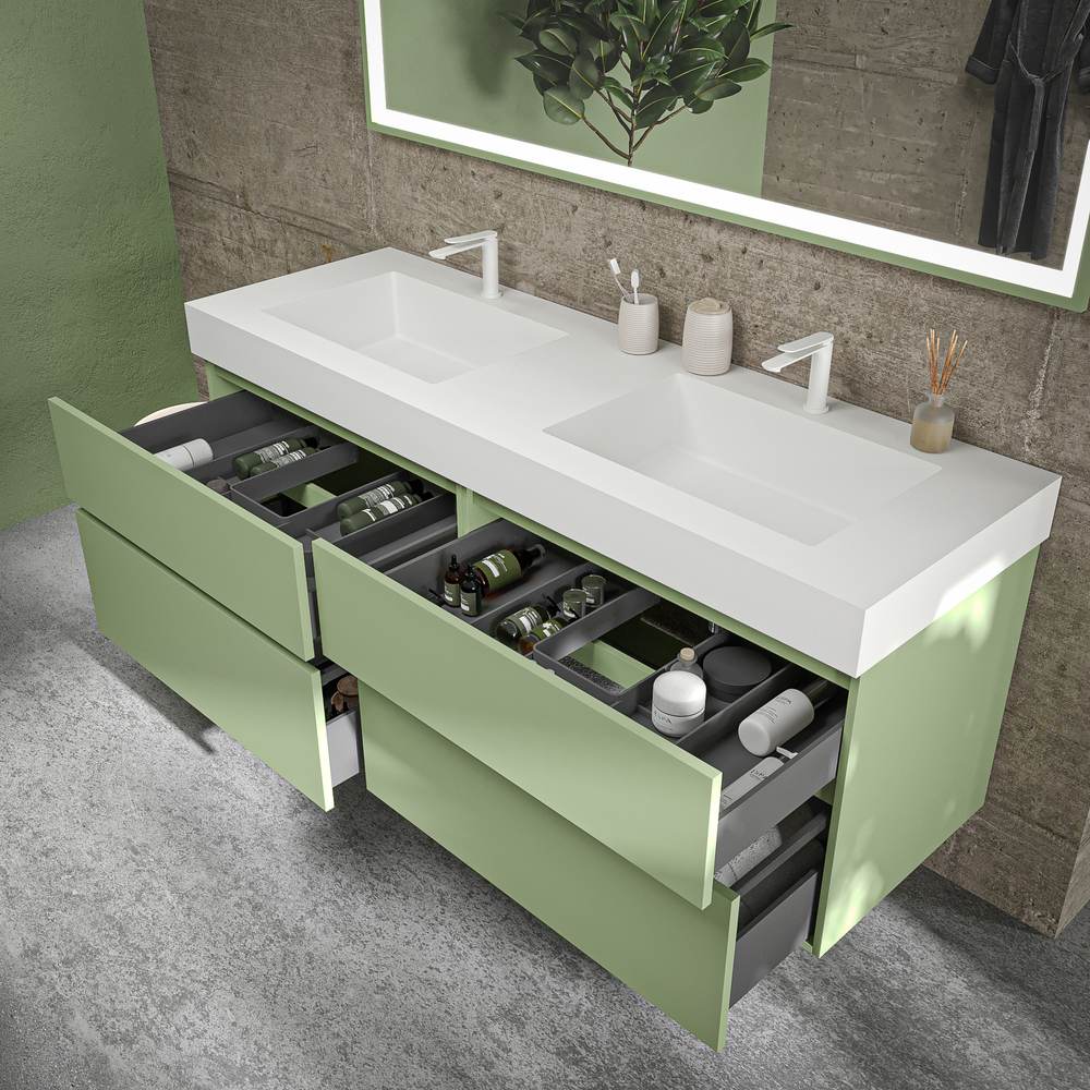 Mueble de baño DUNE suspendido 4 cajones con encimera SOLID SURFACE 2 senos Verde Pálido - Imagen 6