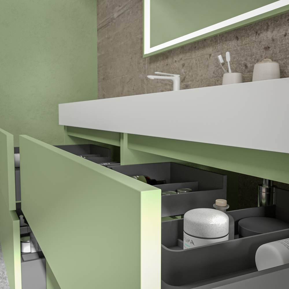 Mueble de baño DUNE suspendido 4 cajones con encimera SOLID SURFACE 2 senos Verde Pálido - Imagen 5
