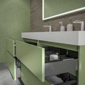 Mueble de baño DUNE suspendido 4 cajones con encimera SOLID SURFACE 2 senos Verde Pálido
