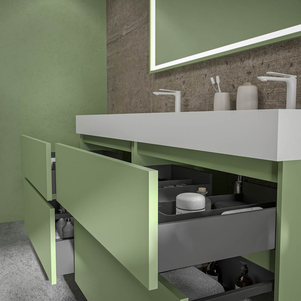 Mueble de baño DUNE suspendido 4 cajones con encimera SOLID SURFACE 2 senos Verde Pálido - Imagen 4