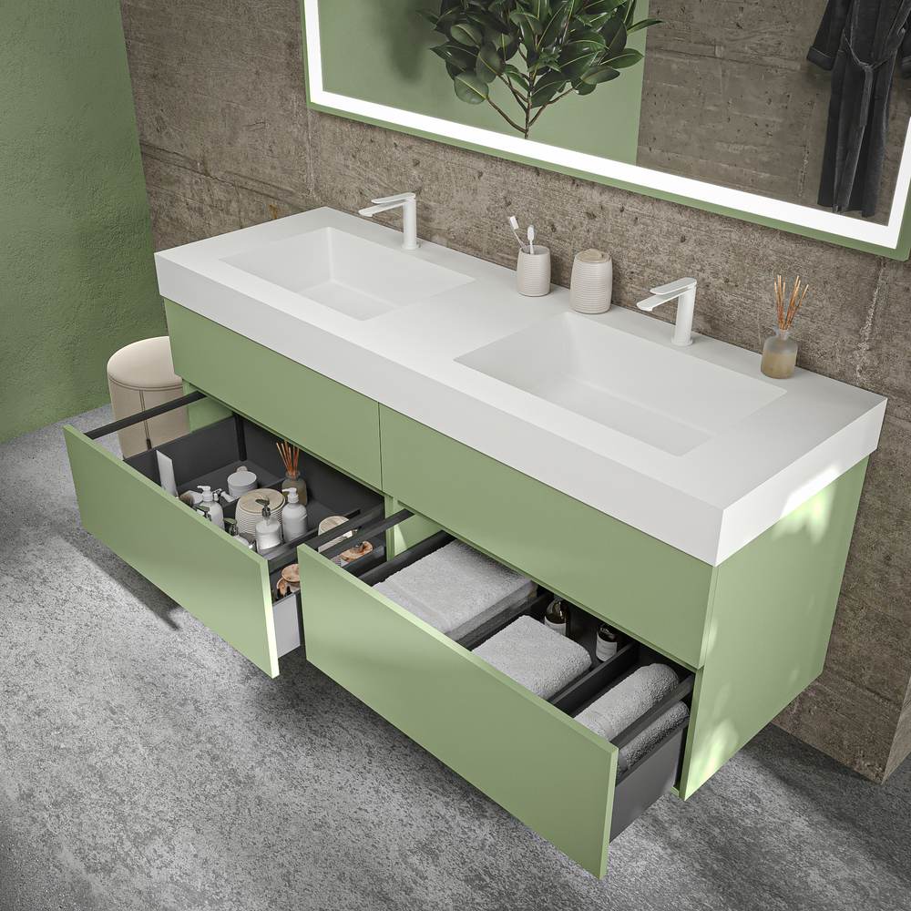 Mueble de baño DUNE suspendido 4 cajones con encimera SOLID SURFACE 2 senos Verde Pálido - Imagen 2