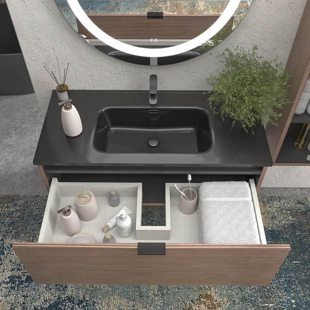 Mueble de baño suspendido 1 cajón SKIN BASTILLA con lavabo porcelana NEGRO - Imagen 2