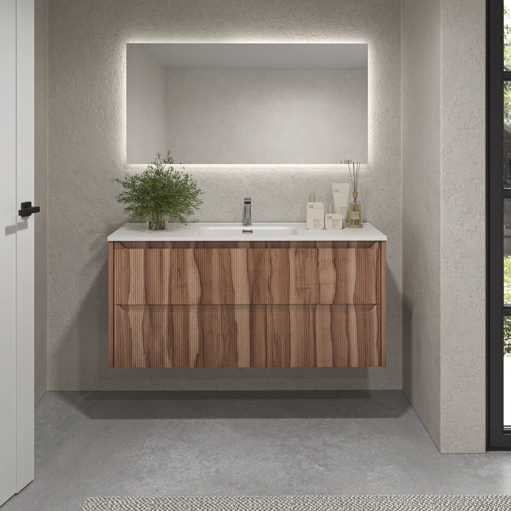 Mueble de baño suspendido 2 cajones TOSCANA con lavabo porcelana acabado millerigue OLIVO