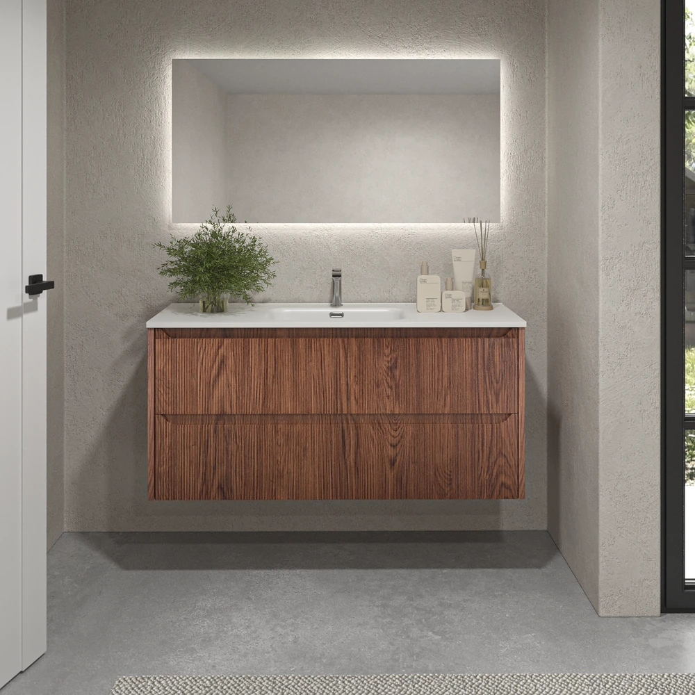 Mueble de baño suspendido 2 cajones TOSCANA con lavabo porcelana acabado millerigue ABEDUL