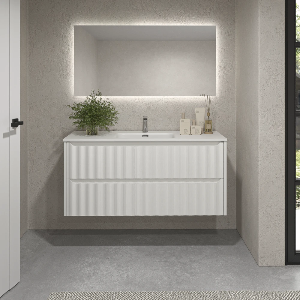 Mueble de baño suspendido 2 cajones TOSCANA con lavabo porcelana acabado millerigue BLANCO