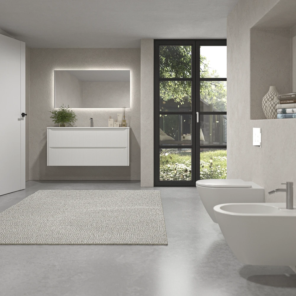 Mueble de baño suspendido 2 cajones TOSCANA con lavabo porcelana acabado millerigue BLANCO - Imagen 6