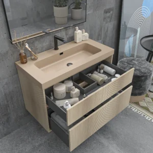Mueble de baño suspendido 2 cajones YOKO Alcatraz con lavabo resina Beige Pardo
