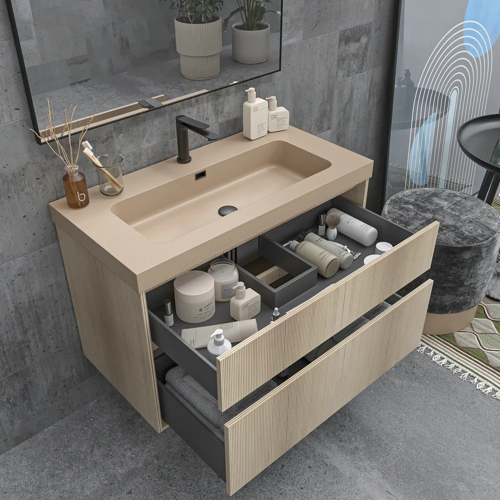 Mueble de baño suspendido 2 cajones YOKO Alcatraz con lavabo resina Beige Pardo - Imagen 2