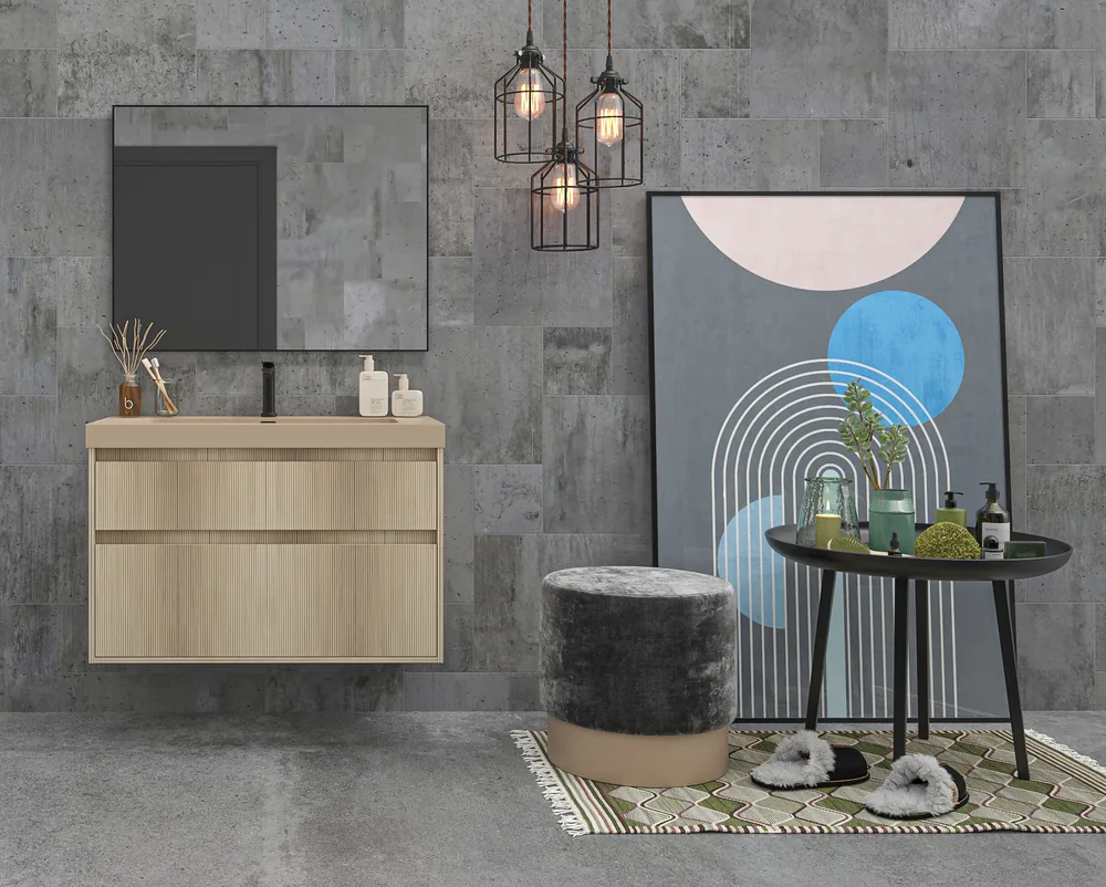 Mueble de baño suspendido 2 cajones YOKO Alcatraz con lavabo resina Beige Pardo - Imagen 4