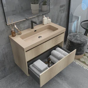 Mueble de baño suspendido 2 cajones YOKO Alcatraz con lavabo resina Beige Pardo