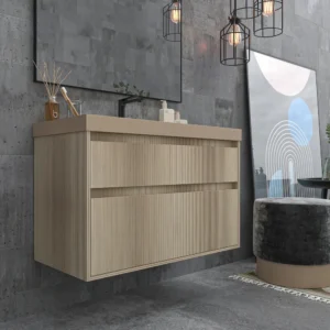 Mueble de baño suspendido 2 cajones YOKO Alcatraz con lavabo resina Beige Pardo