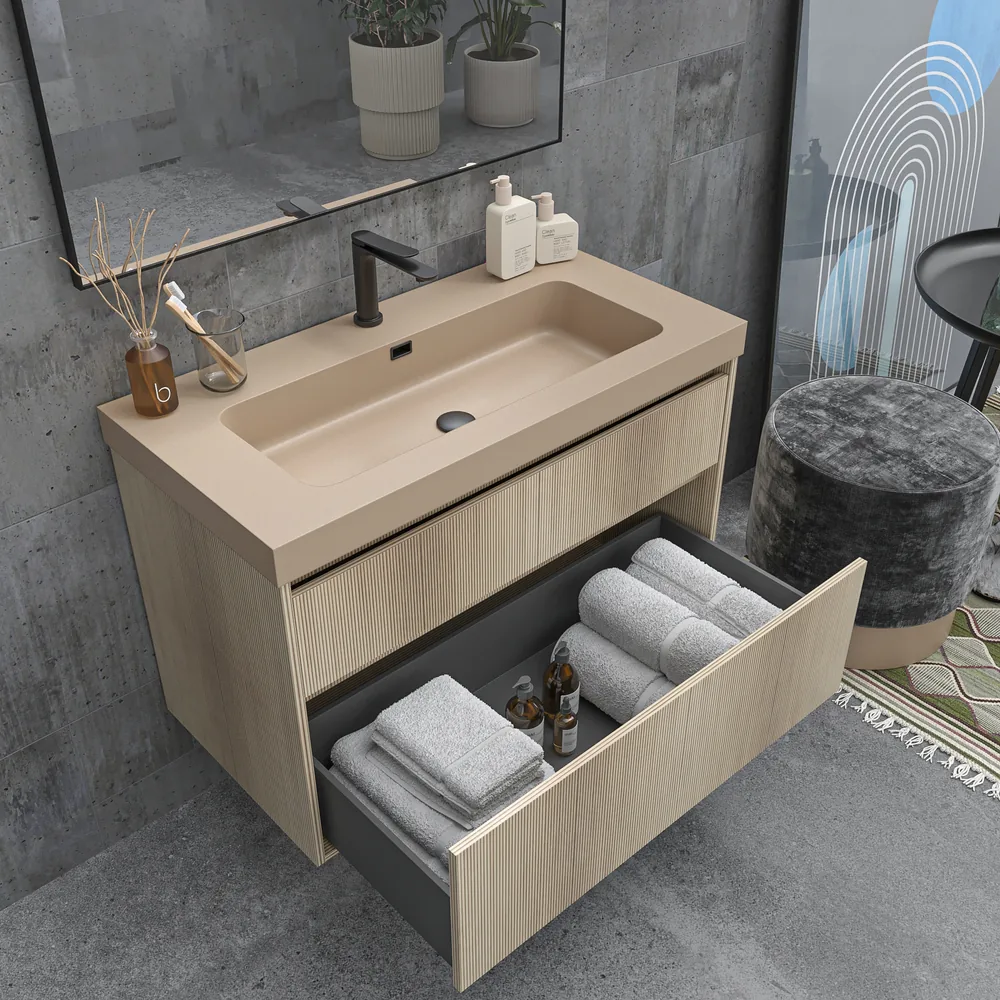 Mueble de baño suspendido 2 cajones YOKO Alcatraz con lavabo resina Beige Pardo - Imagen 3