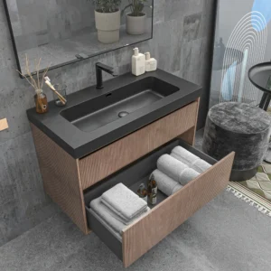 Mueble de baño suspendido 2 cajones YOKO Bastilla con lavabo resina Negro
