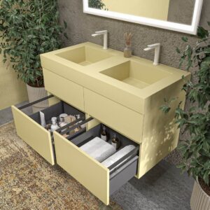 Mueble de baño DUNE suspendido 4 cajones con encimera SOLID SURFACE 2 senos Beige verdoso