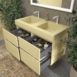 Mueble de baño DUNE suspendido 4 cajones con encimera SOLID SURFACE 2 senos Beige verdoso