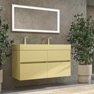 Mueble de baño DUNE suspendido 4 cajones con encimera SOLID SURFACE 2 senos Beige verdoso