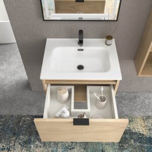 Mueble de baño suspendido 1 cajón SKIN  ROBLE ULLOA con lavabo porcelana BLANCO