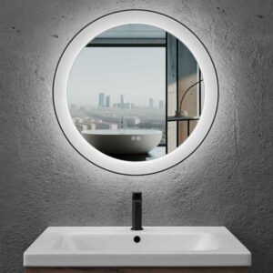 Espejo de baño VERA redondo marco aluminio NEGRO con luz LED frontal