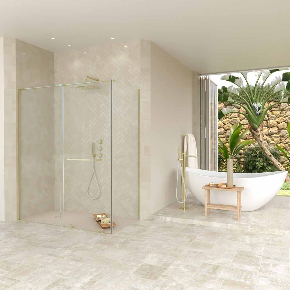 Mampara de ducha rectangular VERONA apertura frontal 1 fijo-1 puerta corredera con ruedas inferiores + 1 fijo acabado ORO MATE - Imagen 9