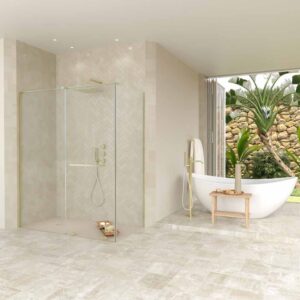 Mampara de ducha rectangular VERONA apertura frontal 1 fijo-1 puerta corredera con ruedas inferiores + 1 fijo acabado COBRE
