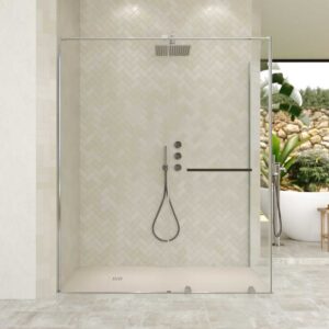 Mampara de ducha rectangular VERONA apertura frontal 1 fijo-1 puerta corredera con ruedas inferiores + 1 fijo acabado CROMO BRILLO