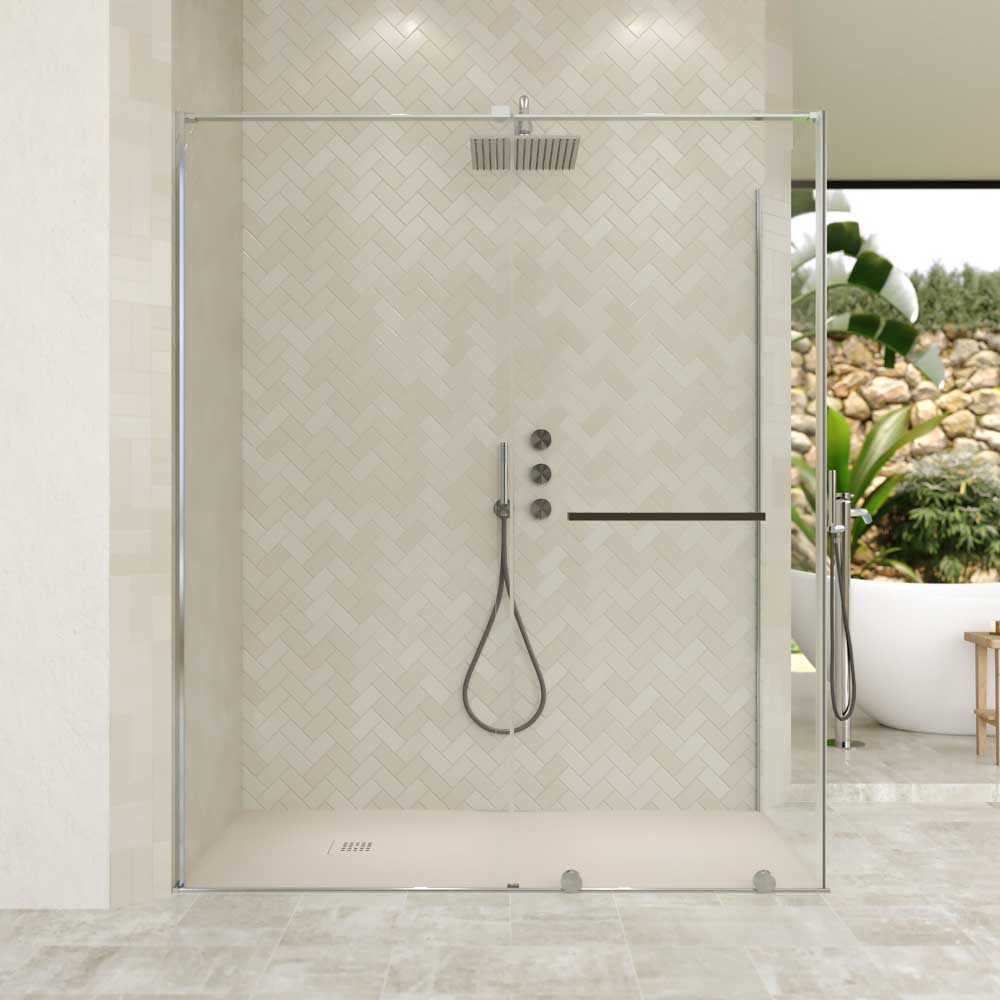 Mampara de ducha rectangular VERONA apertura frontal 1 fijo-1 puerta corredera con ruedas inferiores + 1 fijo acabado CROMO BRILLO