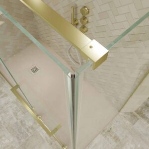 Mampara de ducha rectangular VERONA apertura frontal 1 fijo-1 puerta corredera con ruedas inferiores + 1 fijo acabado ORO MATE