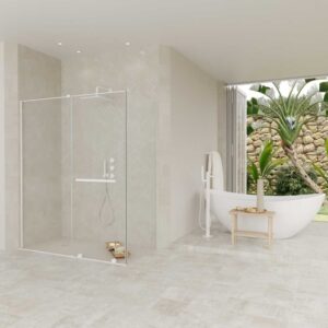 Mampara de ducha rectangular VERONA apertura frontal 1 fijo-1 puerta corredera con ruedas inferiores + 1 fijo acabado BLANCO MATE