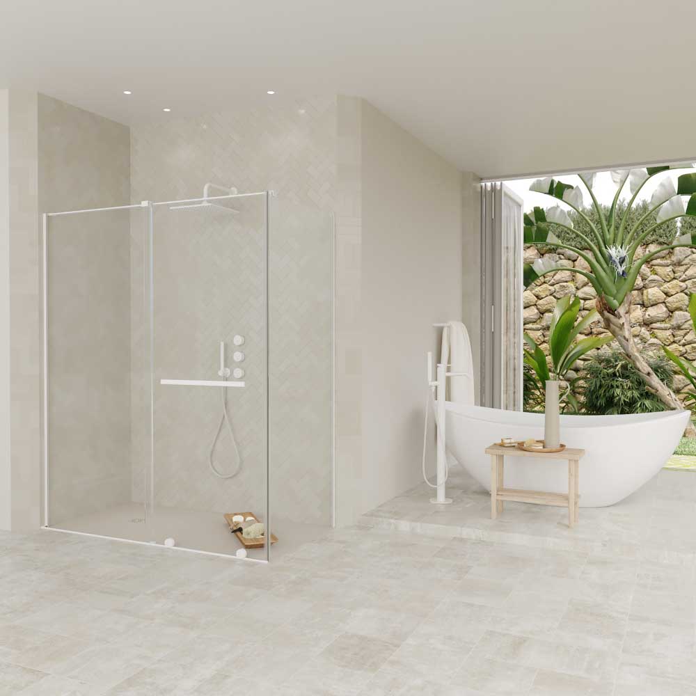 Mampara de ducha rectangular VERONA apertura frontal 1 fijo-1 puerta corredera con ruedas inferiores + 1 fijo acabado BLANCO MATE - Imagen 5