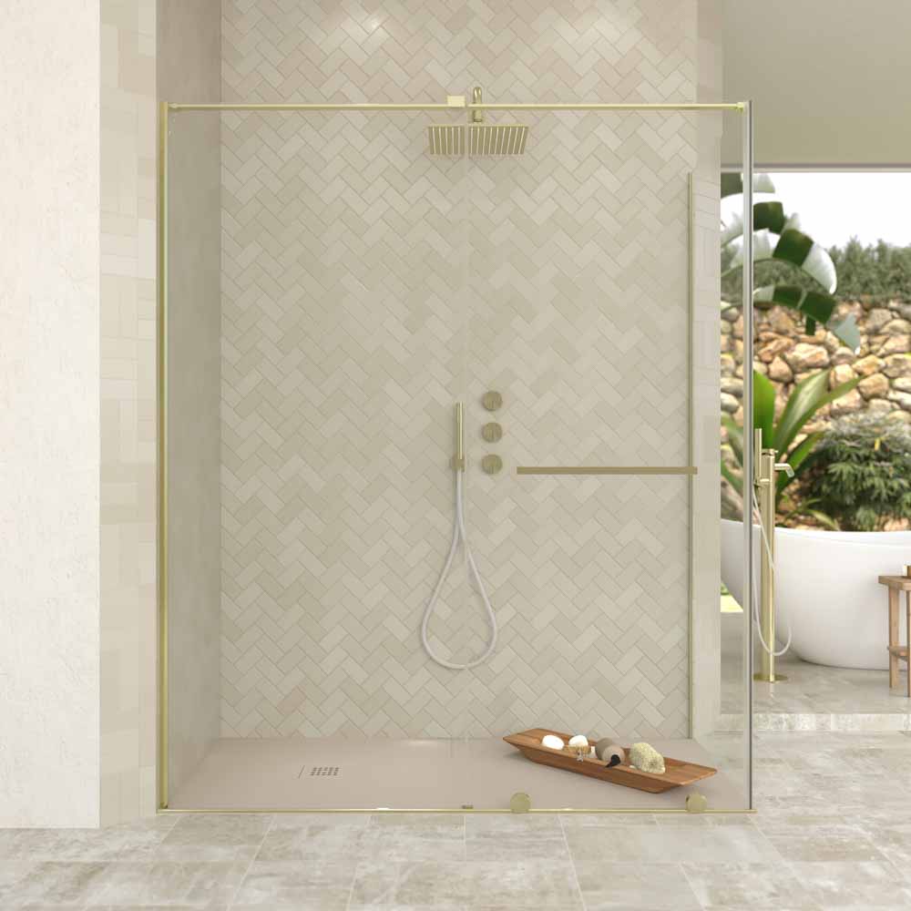Mampara de ducha rectangular VERONA apertura frontal 1 fijo-1 puerta corredera con ruedas inferiores + 1 fijo acabado ORO MATE