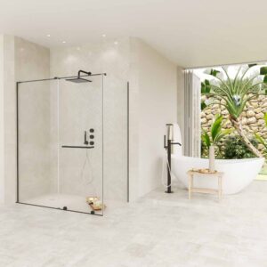 Mampara de ducha rectangular VERONA apertura frontal 1 fijo-1 puerta corredera con ruedas inferiores + 1 fijo acabado NEGRO MATE