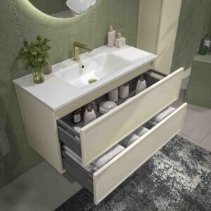 Mueble de baño suspendido 2 cajones BUDGET  con lavabo Solid Surface  CREMA