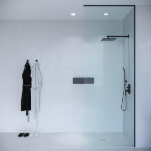 Mampara de ducha ZEN fijo a techo vidrio 8 mm fabricada a medida NEGRO - BLANCO - CROMO
