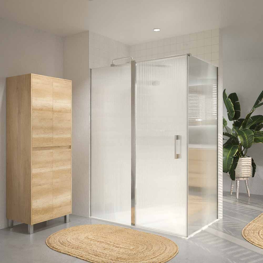 Mampara de ducha rectangular OPEN 2 fijos - 1 puerta abatible VIDRIO ACANALADO a medida CROMO BRILLO