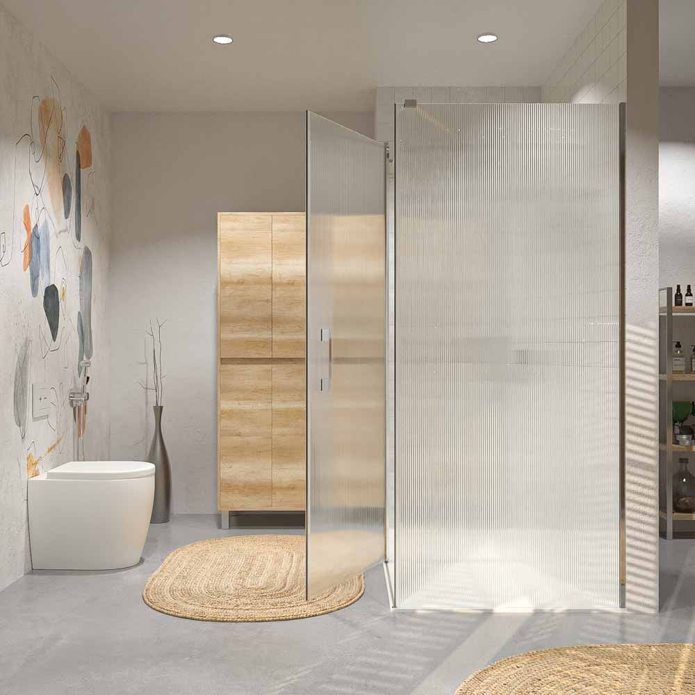 Mampara de ducha rectangular OPEN 2 fijos - 1 puerta abatible VIDRIO ACANALADO a medida CROMO BRILLO - Imagen 7