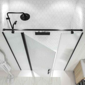 Mampara de ducha frontal OPEN 2 fijos - 1 puerta abatible vidrio ACANALADO fabricada a medida. Acabado NEGRO MATE