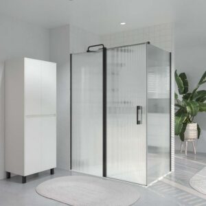 Mampara de ducha rectangular OPEN 2 fijos - 1 puerta abatible VIDRIO ACANALADO  a medida NEGRO MATE