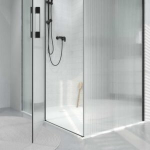 Mampara de ducha rectangular OPEN 2 fijos - 1 puerta abatible VIDRIO ACANALADO  a medida NEGRO MATE