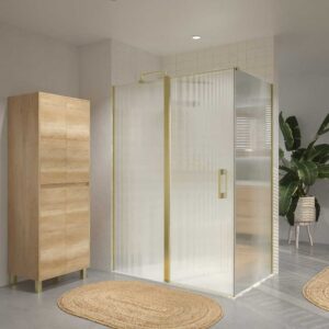 Mampara de ducha rectangular OPEN 2 fijos - 1 puerta abatible VIDRIO ACANALADO  a medida ORO MATE